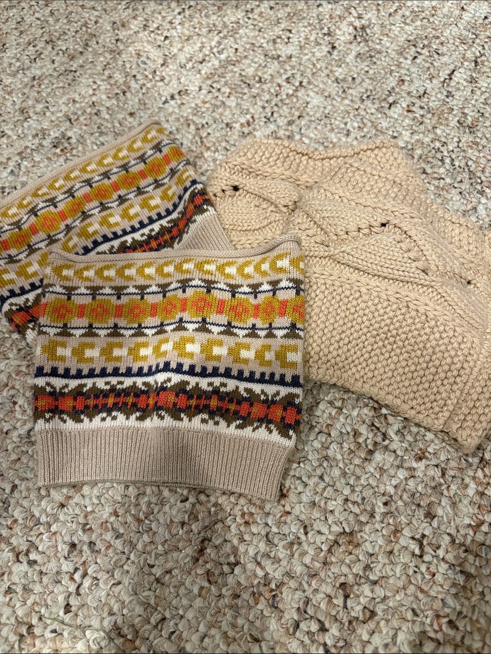 Beige Cable Knit and Patterned Fair Isle Women's boot cuffs Set